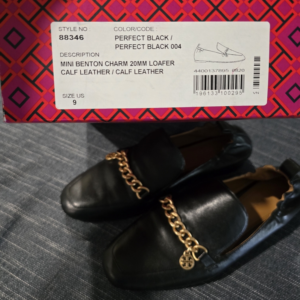 Tory Burch Black Loafers with Gold Chain Accent - Picture 2 of 4